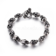304 Stainless Steel Link Chain Bracelets, with Toggle Clasps, Skull, Antique Silver, 8-7/8 inch(22.5cm), 9.5mm(BJEW-L665-01AS)
