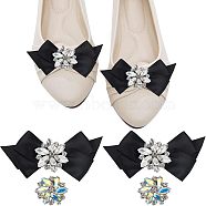 Nbeads 4Pcs 2 Style Glass Rhinestone Shoe Decorations, Detachable Bowknot Polyester Ribbon Shoe Decoration & Platinum Alloy Shoe Buckle Clips, Black, 32~52x34~100x10~17mm, 2pcs/style(FIND-NB0002-34A)