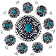 1-Hole Alloy & Cat eye Turquoise Buttons, Flat Round with Leaf Pattern, for DIY Luggage and Hardware Accessaries, Dark Turquoise, 30x11~11.8mm, Hole: 2.5mm, 10pcs/box(FIND-GF0004-53A)
