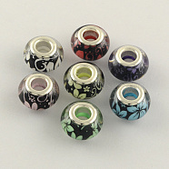 Large Hole Flower Pattern Acrylic European Beads, with Silver Color Plated Brass Double Cores, Rondelle, Mixed Color, 14x9mm, Hole: 5mm(X-OPDL-R120-M1)