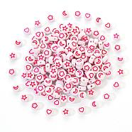 White Opaque Acrylic Beads, Flat Round with Heart & Flower & Moon & Star, Hot Pink, 7x4mm, Hole: 1.6mm, 200pcs/set(MACR-YW0001-19E)