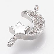 Brass Micro Pave Cubic Zirconia Links, Moon and Star, Platinum, 16.5x8.5x3mm, Hole: 1.5mm(ZIRC-G098-71P)