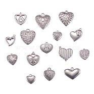 15Pcs 15 Style Stainless Steel Pendants, Heart, Antique Silver & Stainless Steel Color, 19x18x3mm, Hole: 1.5mm(STAS-SZ0001-60)