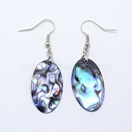 Abalone Shell/Paua ShellOval Dangle Earrings, with Platinum Plated Brass Ear Hooks, 52mm, pin: 0.8mm(EJEW-E145-10)