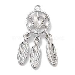 Rack Plating Alloy Rhinestone Pendants, Lead Free & Cadmium Free & Nickel Free, Woven Net/Web with Feather, Heart, Crystal, Platinum, 34x13x4mm, Hole: 2mm(PALLOY-F311-19P-01)