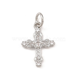 Brass Micro Pave Cubic Zirconia Pendants, Cross, Cadmium Free & Lead Free, Rack Plating, Long-Lasting Plated, with Jump Ring, Platinum, 15.5x11.5x2.5mm, Hole: 3.4mm(KK-G544-17P)