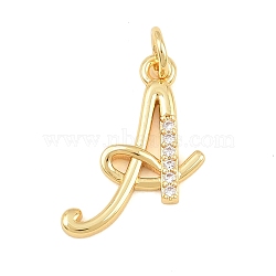 Brass Micro Pave Clear Cubic Zirconia Pendants, Letter Charms, Cadmium Free & Lead Free, Real 18K Gold Plated, Letter A, 18x13x2mm, Hole: 5mm(CU-CBA7939-01A-G)