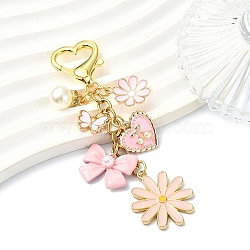 Alloy Enamel Pendant Decorations, Daisy & Butterfly & Heart & Bowknot, with 304 Stainless Steel Chain and Brass Lobster Claw Clasps, Pink, 103mm(HJEW-YW00429-04)
