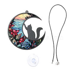 Opaque Acrylic Big Pendants, Leather Strap with Plastic Accessories, Moon with Cat, Colorful, 127x120x3.5mm, Hole: 4mm(MACR-D084-01D)