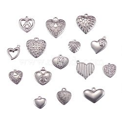 15Pcs 15 Style Stainless Steel Pendants, Heart, Antique Silver & Stainless Steel Color, 19x18x3mm, Hole: 1.5mm(STAS-SZ0001-60)