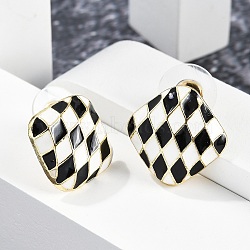 Alloy Stud Earrings, Black and White Checkerboard, Golden, Rhombus, 17x17mm(EJEW-M094-01G-02)