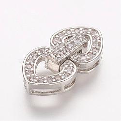 Brass Micro Pave Cubic Zirconia Fold Over Clasps, Heart, Platinum, 23x10x3.5mm, Hole: 1mm(ZIRC-J016-02P)