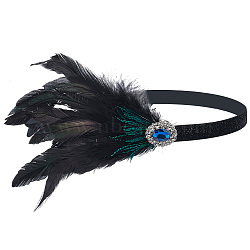 Elastic Feather Headbands, with Rhinestone and Polyester, Black, 250x16.5x13mm(OHAR-WH0036-02B)