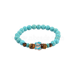 Synthetic Turquoise & Natural Tiger Eye Round Beaded Stretch Bracelets, Butterfly Alloy Enamel Charm Bracelets for Women, Dark Turquoise, 6-3/4~7-1/8  inch(17~18cm)(FS-WGB9D7B-05)