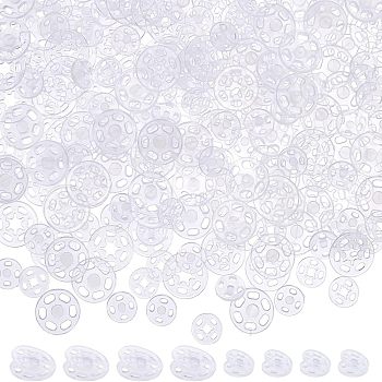 Nbeads 200 Pairs 2 Style Transparent Resin Snap Fasteners, Flat Round, Clear, 10~14.5x3.5~4mm, Hole: 1.2~3.5mm, 100 pairs/style