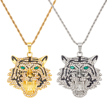 2Pcs 2 Colors Alloy Pendant Necklaces Set with Rhinestone, Tiger, Platinum & Golden, 23.74 inch(60.3cm), 1Pc/color
