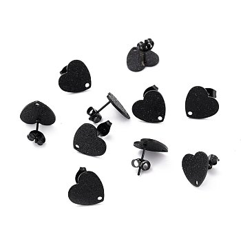 304 Stainless Steel Stud Earring Findings, with Ear Nuts, Textured Heart, Electrophoresis Black, 12x13mm, Hole: 1.5mm, Pin: 0.7mm