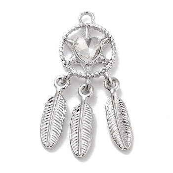 Rack Plating Alloy Rhinestone Pendants, Lead Free & Cadmium Free & Nickel Free, Woven Net/Web with Feather, Heart, Crystal, Platinum, 34x13x4mm, Hole: 2mm