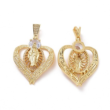 Brass Micro Pave Cubic Zirconia Pendants, Heart with Religion Virgin Mary Charms, Golden, Clear, 43x34x8mm, Hole: 4x8mm