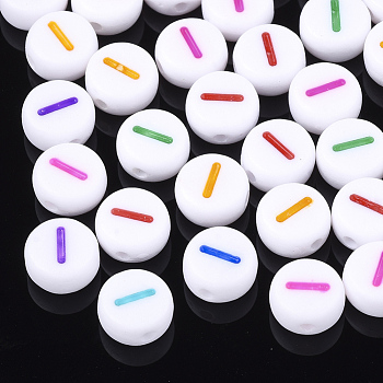 Initial Acrylic Beads, Horizontal Hole, Flat Round, Mixed Color, Letter.I, 7x3.5~4mm, Hole: 1.2mm, about 3700pcs/500g