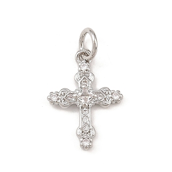 Brass Micro Pave Cubic Zirconia Pendants, Cross, Cadmium Free & Lead Free, Rack Plating, Long-Lasting Plated, with Jump Ring, Platinum, 15.5x11.5x2.5mm, Hole: 3.4mm