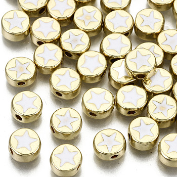 Alloy Enamel Beads, Cadmium Free & Lead Free, Flat Round with Star, Light Gold, White, 8x4mm, Hole: 1.5mm