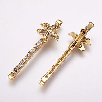 Brass Micro Pave Cubic Zirconia Links, Starfish/Sea Stars with Bar, Golden, 38x12x5mm, Hole: 1mm