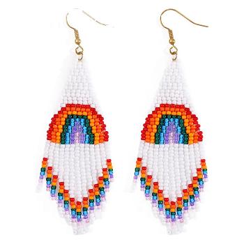 Bohemian Handwoven Rainbow Glass Beaded Tassel Dangle Earrings, Golden, 39x30mm