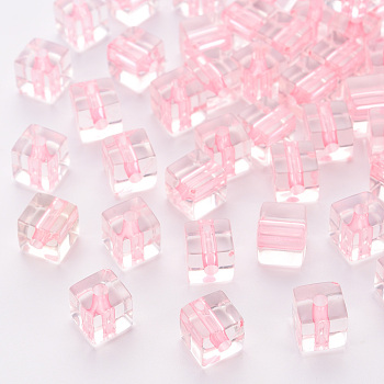 Transparent Acrylic Beads, Cube, Pink, 8x7.5x7.5mm, Hole: 1.8mm, about 900pcs/500g