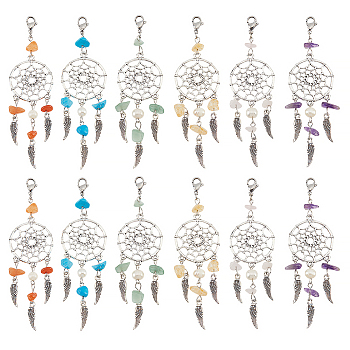 24Pcs 6 Style Gemstone Chip Pendant Decoration, Alloy Woven Net/Web with Wing Hanging Ornament, with Natural Cultured Freshwater Pearl, 304 Stainless Steel Lobster Claw Clasps, 98~100mm, 4pcs/style