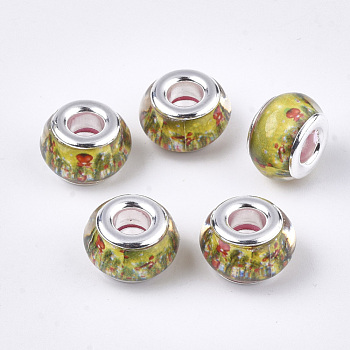 Resin European Beads, Large Hole Beads, with Platinum Tone Brass Double Cores, Christmas Theme, Rondelle, Yellow Green, 13x8mm, Hole: 5mm