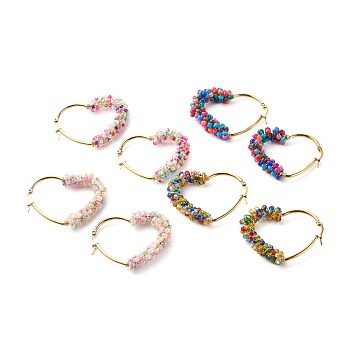Heart Glass Seed Beaded Hoop Earrings for Girl Women, with 304 Stainless Steel Ear Wire, Golden, Mixed Color, 45x37x8mm, Pin: 1mm