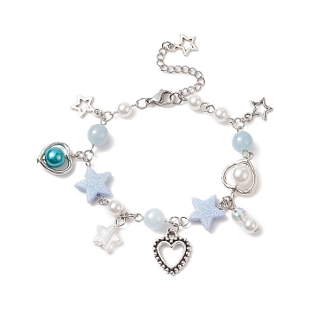 Alloy Heart & Star Charm Bracelet with ABS Plastic Imitation Pearl Beaded for Women, Light Sky Blue, 6-7/8 inch(17.4cm)