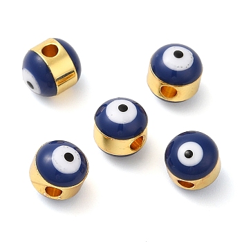 Brass Enamel Beads, Cadmium Free & Lead Free, Long-Lasting Plated, Golden, Rondelle with Evil Eye, Prussian Blue, 6x7mm, Hole: 1.8mm