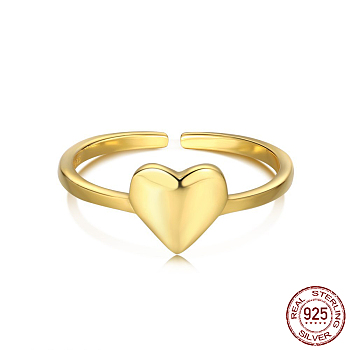 925 Sterling Silver Open Cuff Rings, with S925 Stamp, Heart, Real 18K Gold Plated, Inner Diameter: 17.6mm