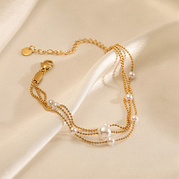 304 Stainless Steel Ball Chains Bracelets, with Plastic Imitation Pearl Beads, Real 18K Gold Plated, 7-1/8 inch(18.2cm)