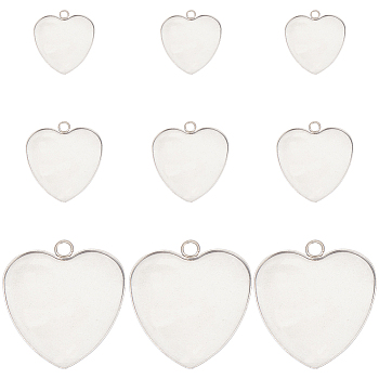 30Pcs 3 Styles 304 Stainless Steel Pendant Cabochon Settings, Plain Edge Bezel Cups, Heart, Stainless Steel Color, Tray: 12~28x12~29mm, 16.5~34x13~31x1~2mm, Hole: 2.2~3mm, 10pcs/style