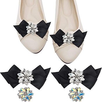 Nbeads 4Pcs 2 Style Glass Rhinestone Shoe Decorations, Detachable Bowknot Polyester Ribbon Shoe Decoration & Platinum Alloy Shoe Buckle Clips, Black, 32~52x34~100x10~17mm, 2pcs/style