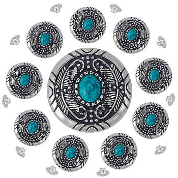 1-Hole Alloy & Cat eye Turquoise Buttons, Flat Round with Leaf Pattern, for DIY Luggage and Hardware Accessaries, Dark Turquoise, 30x11~11.8mm, Hole: 2.5mm, 10pcs/box
