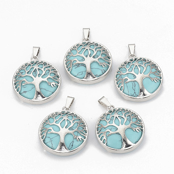 Synthetic Turquoise Pendants, with Brass Findings, Flat Round with Tree of Life, Dyed, Platinum, 30.5x27x8mm, Hole: 7x3mm