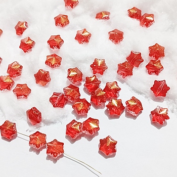 Transparent Glass Beads, Christmas Snowflake, Red, 11.5x10.5x7.5mm, Hole: 1mm