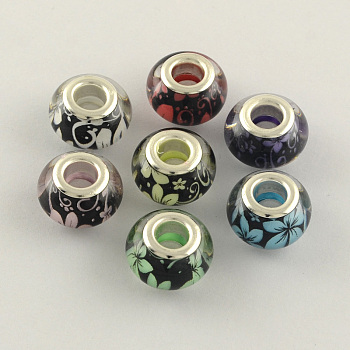 Large Hole Flower Pattern Resin European Beads, with Silver Color Plated Brass Double Cores, Rondelle, Mixed Color, 14x9mm, Hole: 5mm