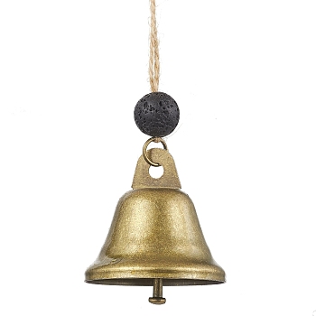 Iron Bell Pendant Decorations, Round Natural Lava Rock Beads and Jute Cord for Home Wall Hanging Ornaments, Antique Bronze, 150mm