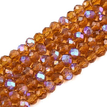 Electroplate Glass Beads Strands, Half Rainbow Plated, Faceted, Rondelle, Dark Goldenrod, 3.5~3.8x3mm, Hole: 0.4mm, about 113~115pcs/strand, 32.5~33cm