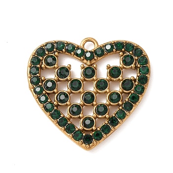 304 Stainless Steel Rhinestone Pendants, Heart Charm, Ion Plating(IP), Golden, Emerald, 17x18x2mm, Hole: 1.2mm