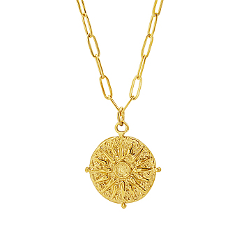 Stainless Steel Sun Pendant Necklaces, with Paperclip Chains, Real 18K Gold Plated, 15.75 inch(40cm)
