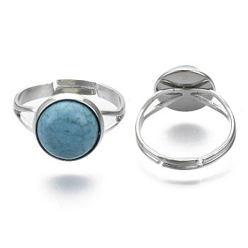 Synthetic Turquoise Adjustable Rings, with Zinc Alloy Findings, Cadmium Free & Lead Free, Flat Round, Antique Silver, Size 7, Inner Diameter: 17mm