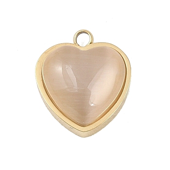 303 Stainless Steel Pave Cat Eye Pendants, Heart Charm, Gold, Ion Plating(IP), Long-Lasting Plated, White, 14x11.5x5mm, Hole: 1.8mm