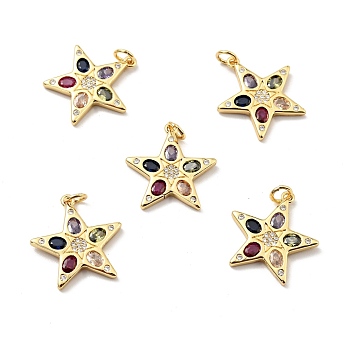 Brass Micro Pave Cubic Zirconia Pendants, with Jump Ring, Real 18K Gold Plated, Long-Lasting Plated, Lead Free & Cadmium Free & Nickel Free, Star, Colorful, 21x20x2mm, Jump Ring: 5x1mm, 3mm Inner Diameter