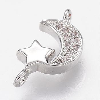 Brass Micro Pave Cubic Zirconia Links, Moon and Star, Platinum, 16.5x8.5x3mm, Hole: 1.5mm
